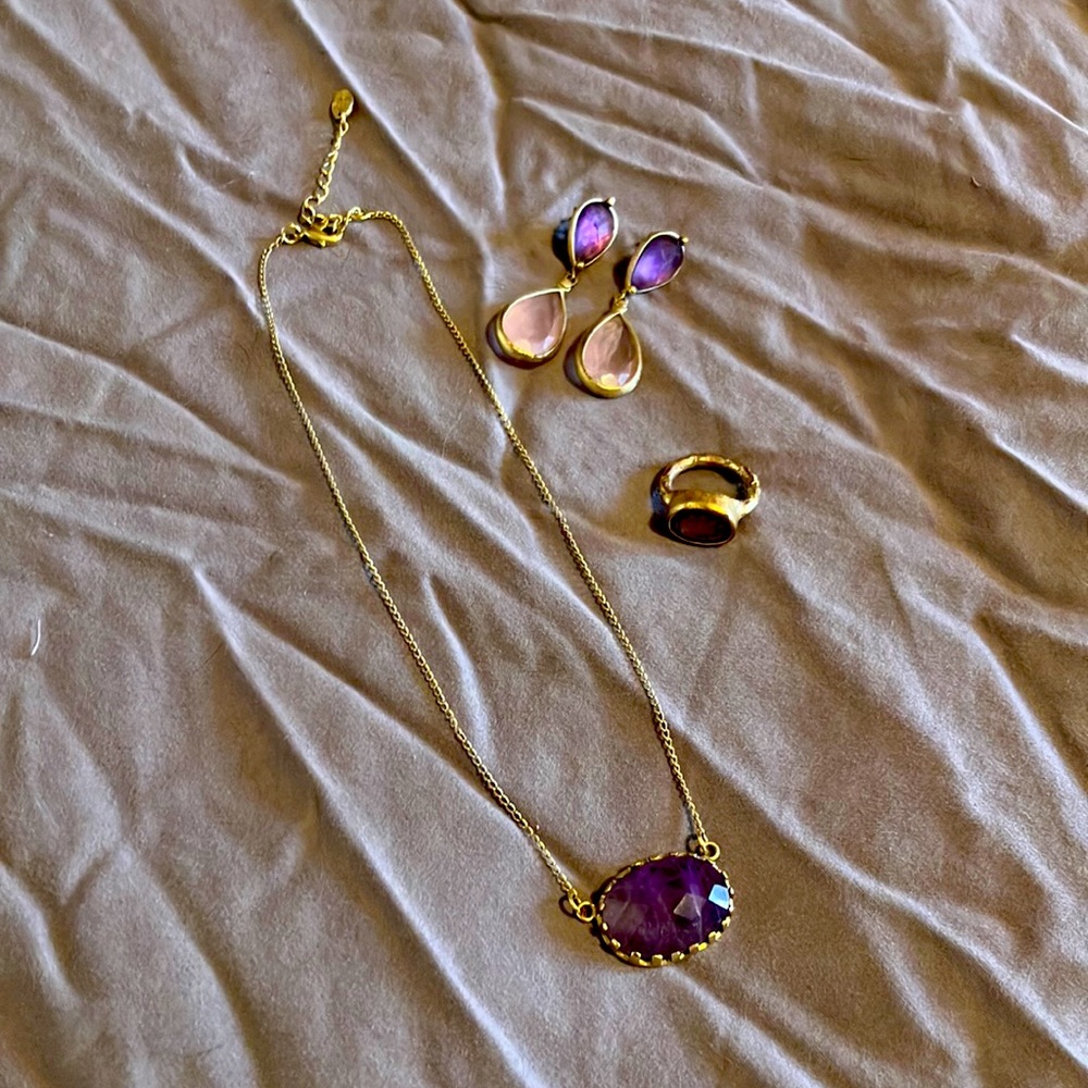 Gold plated necklace, earrings, and ring with amethyst and pink quartz g…
